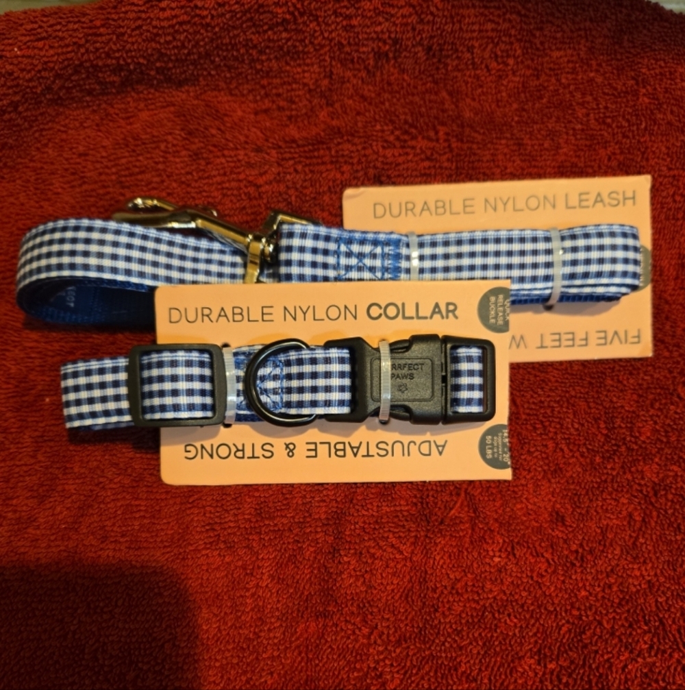 Bath & Body Works Matching Blue Gingham DOG Collar & Leash - size MEDIUM *NWTS*